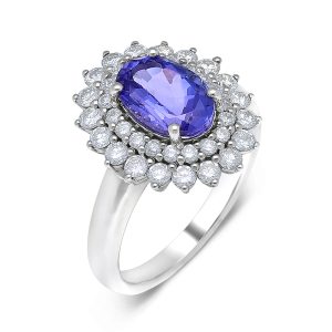 18ct White Gold Oval Tanzanite and Double Halo Ring