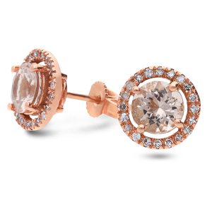 9ct Rose Gold Morganite and Diamond Halo Stud Earrings