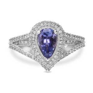 18ct White Gold Pear Tanzanite Diamond Halo Ring