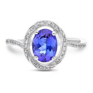 18ct White Gold Tanzanite and Diamond Swirl Halo Ring