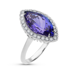 18ct White Gold Marquise Cut Tanzanite & Diamond Halo Ring