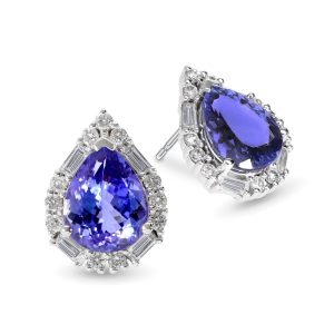 18ct White Gold Pear Shaped Tanzanite and Diamond Halo Earrings