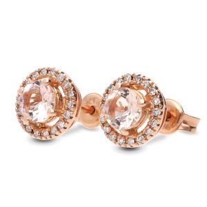 9ct Rose Gold Morganite and Diamond Halo Stud Earrings