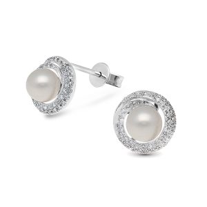 9ct White Gold Pearl and Diamond Stud Earrings