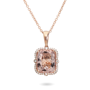 9ct Rose Gold Cushion Cut Morganite Halo Diamond Necklace