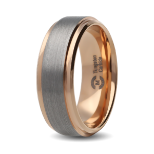 Tungsten 8mm Bi-Colour natural w rose gold stepped edged wed.band