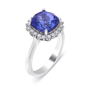 18ct White Gold Cushion Cut Tanzanite Diamond Halo Ring